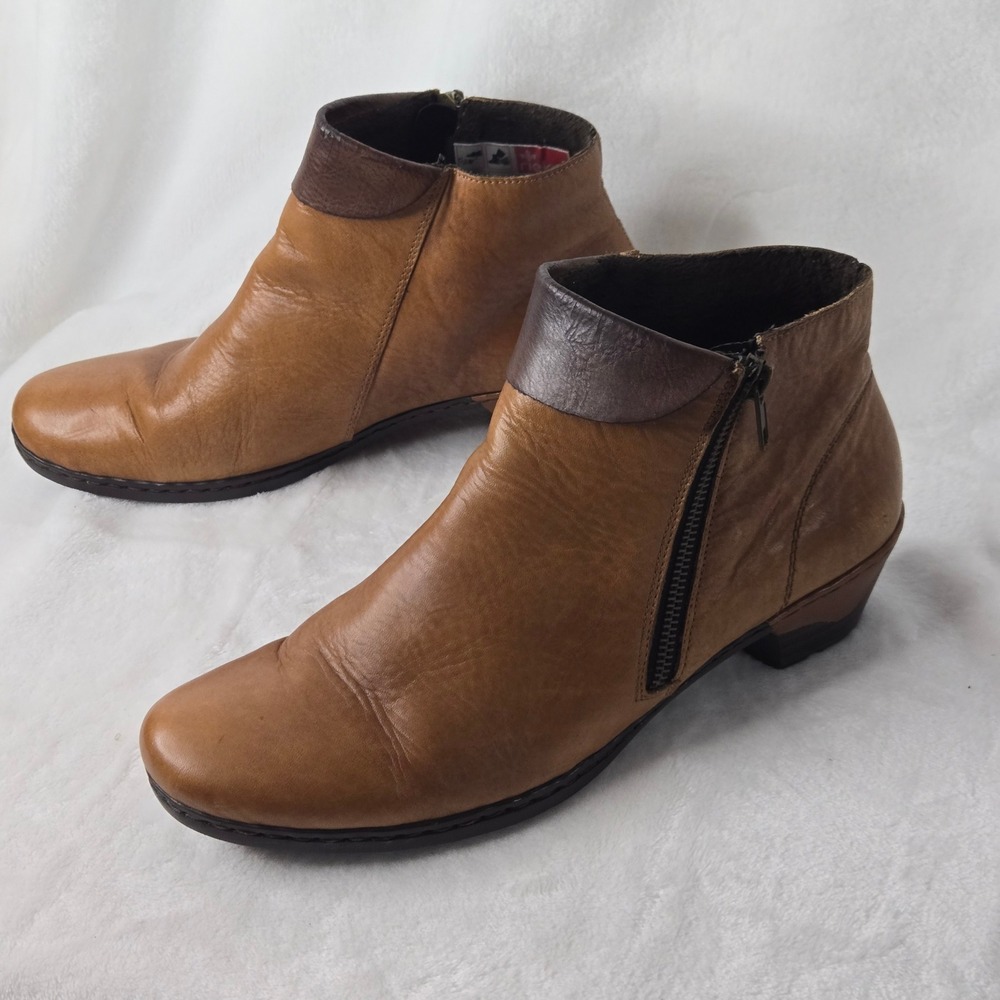 Rieker Antistress Womens Tan Leather Side Zip Ankle Boots Size 41 79961-24